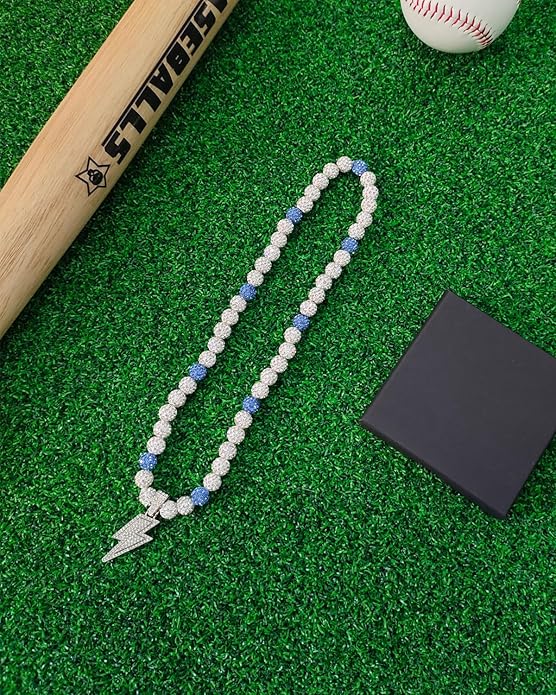 Baseball Necklace for Men 16/18/20 Inch Bling Ice Collection Lightning Bolt Pendant Necklace for Women Rhinestone Clay Beaded Discoball Accessories Gifts for Baseball Team Players Lovers