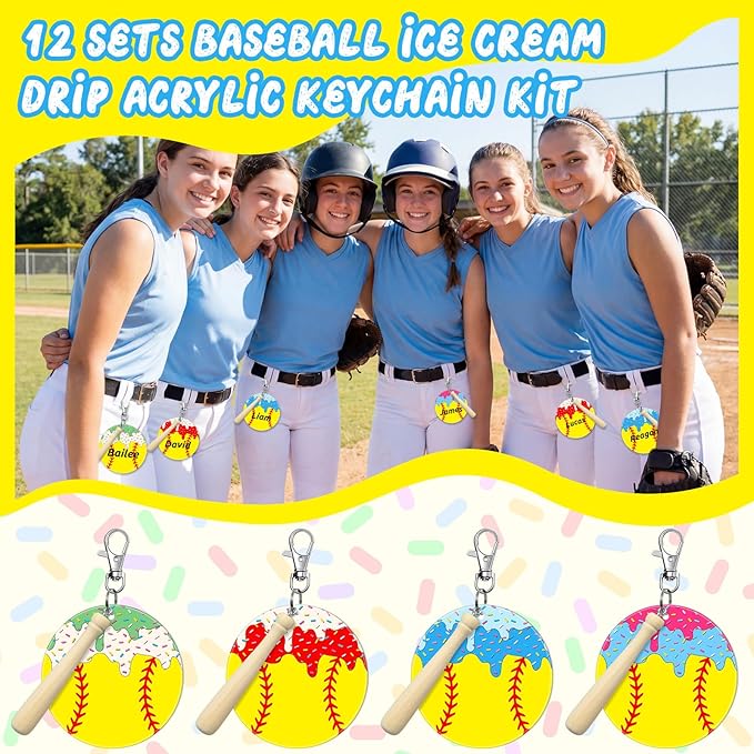Cunno 12 Sets Softball Ice Cream Drip Acrylic Keychain Blank DIY Kit Bulk Softball Ice Cream Theme 3 Inch Acrylic Keyring with Swivel Snap Hook Keychain for Team Gifts Sport Party Favors