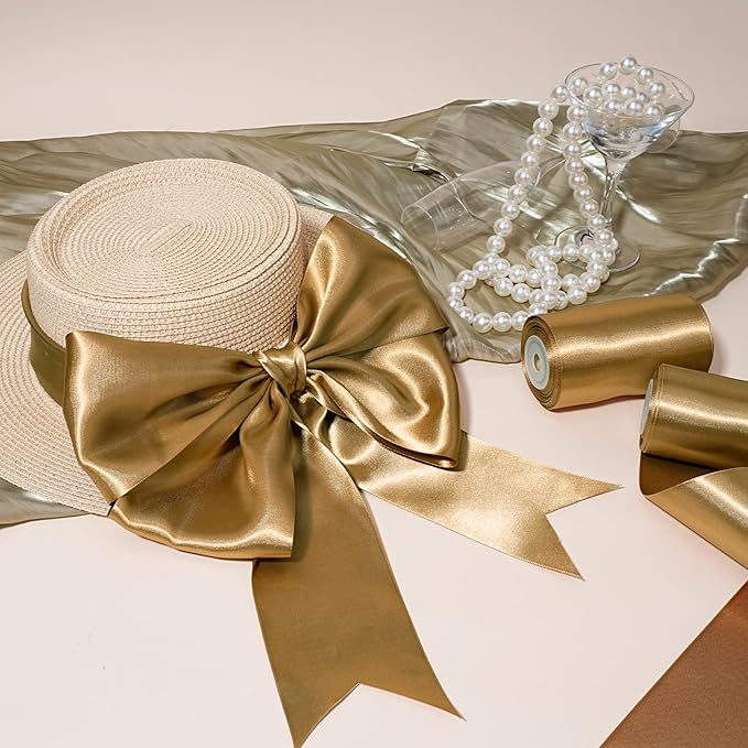 LaRibbons Pale Gold Satin Ribbon 3 Inch 10 Yards Double Faced Luxury Pale Gold - Image 2
