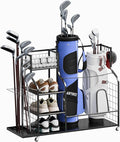 Golf Bag Storage Organizer with Wheels, Garage Golf Equipment Rack for 2 Golf Bags, Clubs, Shoes & Accessories Heavy Duty Metal Stand for Garage, Basement, Home or Shed