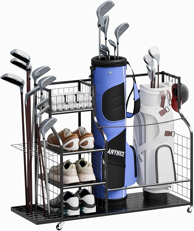 Golf Bag Storage Organizer with Wheels, Garage Golf Equipment Rack for 2 Golf Bags, Clubs, Shoes & Accessories Heavy Duty Metal Stand for Garage, Basement, Home or Shed