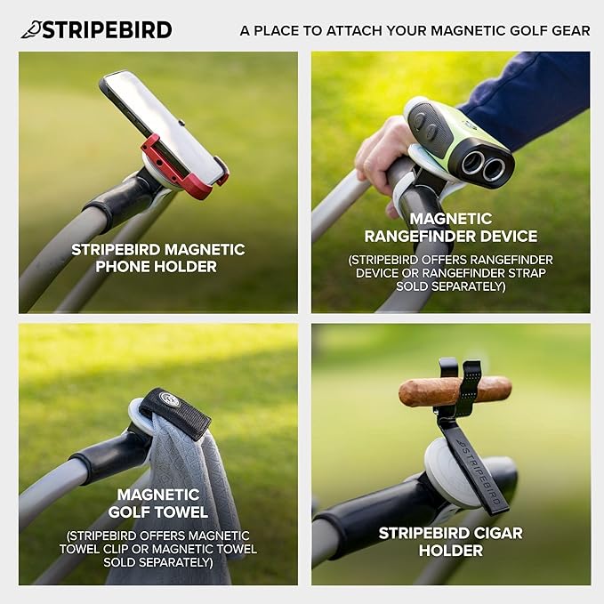 Stripebird - 2.0 Golf Push Cart Mount for Magnetic Accessories (White) - Push Cart Strap for Quick and Easy Access of Golf Gear - Cell Phone Holder for Golf Cart - Phone Holder for Golf Cart