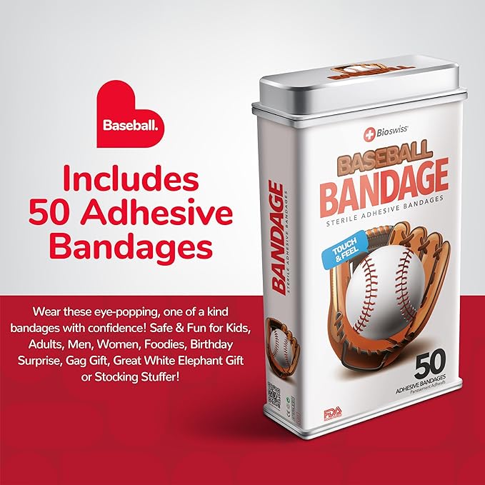 BioSwiss Bandages, Baseball Shaped Self Adhesive Bandage Set, Latex Free, Sterile Wound Care, 50 Count