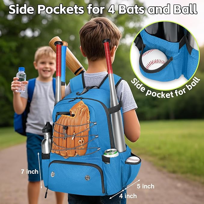 MATEIN Baseball Bat Bag for 4 Bats with Ball Pocket, Lightweight Youth Baseball Backpack with Shoe Compartment, Large Capacity Softball Equipment Bag with Fence Hook for TBall Gear, Helmet, Glove