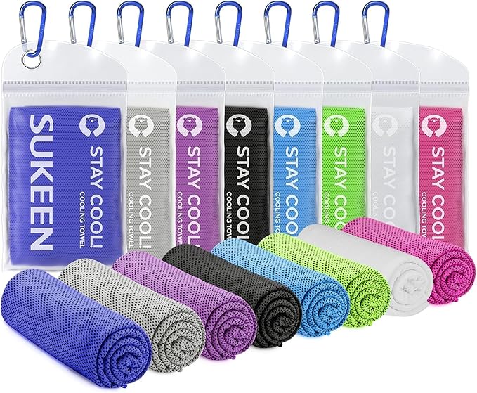 Sukeen Cooling Towels 8 Pack (40"x12"), Cooling Towels for Neck and Face, Microfiber Cool Towel, Soft Breathable Chilly Towel for Yoga, Golf, Gym, Camping, Running, Workout & More Activities