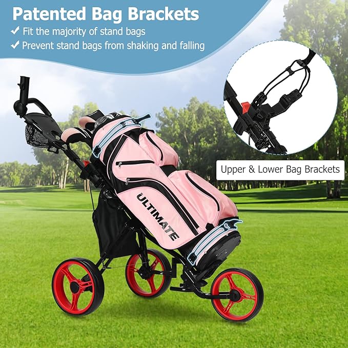 Tangkula Golf Push Pull Cart with Seat, Lightweight Folding 3 Wheels Golf Push Cart, Golf Trolley W/Storage Bag, Foot Brake, Adjustable Umbrella Holder & Seat, 4 Height Position Handle (Red)