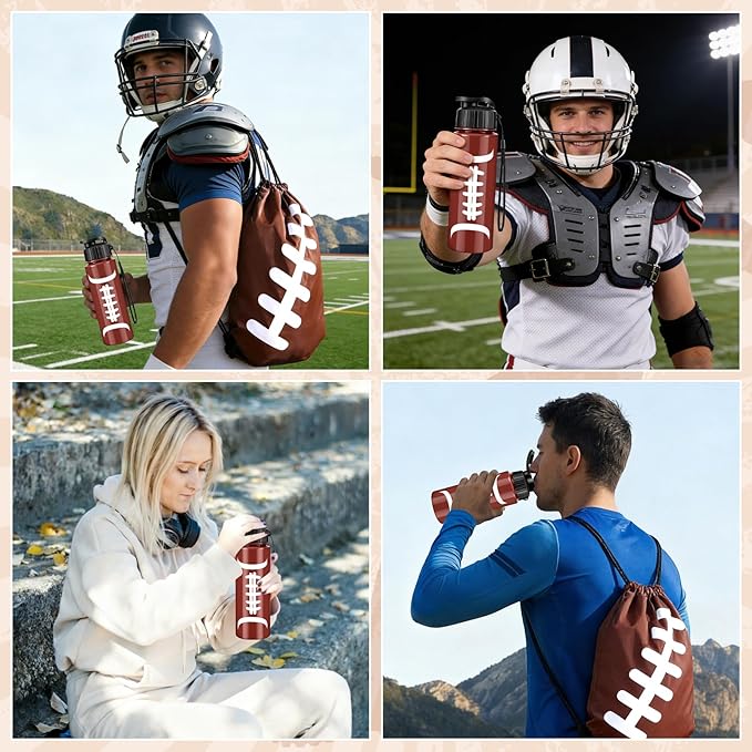 Olgaa 12 Pcs Football Party Favors Include 6 Pcs Water Bottle 20 oz 6 Pcs Drawstring Bag Sports Themed Reusable Drink Bottles Bulk Accessories for Players Lovers Team Gifts (Football)