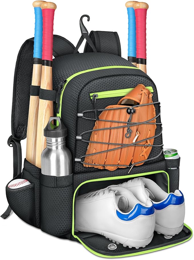 MATEIN Baseball Bat Bag for 4 Bats with Ball Pocket, Lightweight Youth Baseball Backpack with Shoe Compartment, Large Capacity Softball Equipment Bag with Fence Hook for TBall Gear, Helmet, Glove