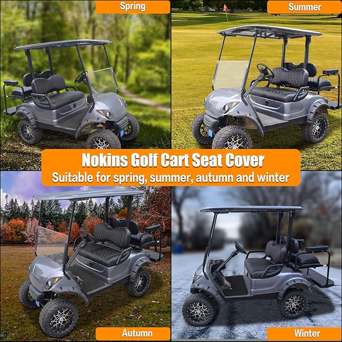 NOKINS Golf Cart Diamond Seat Covers Kit, Fit for Yamaha Drive/Drive 2 OEM Standard Front Seat Cushion, Golf Cart Vinyl Seat Cover, No Nails Required (Black and Brown Stitching)