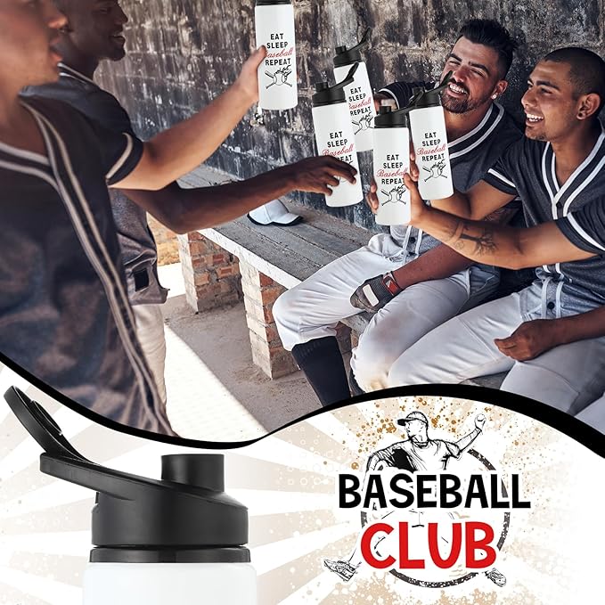 Hushee 12 Pcs 25 oz Baseball Water Bottles Bulk Aluminum Sport Bottles with Leakproof Lid Baseball Gift for Team Men Players Fan Coach(Eat Sleep)