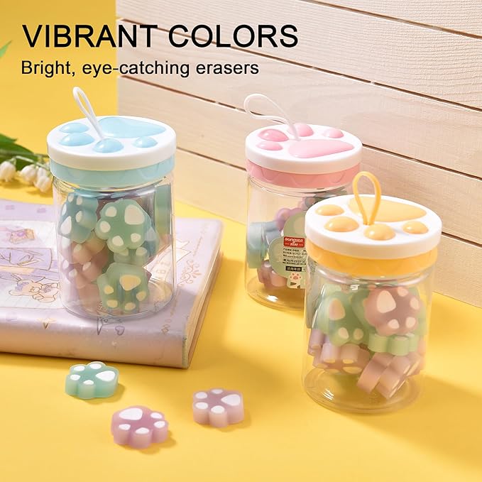 HILAZA 54Pcs Cat Paw Erasers for Kids, Fluorescent erasers, Kawaii Jelly Pencil - Image 4