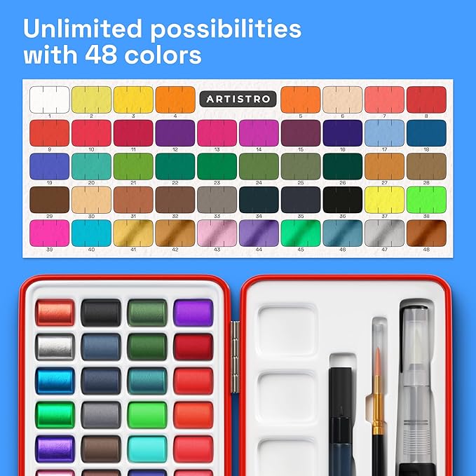 ARTISTRO Watercolor Paint Set in Portable Box, Includes Metallic and - Image 3