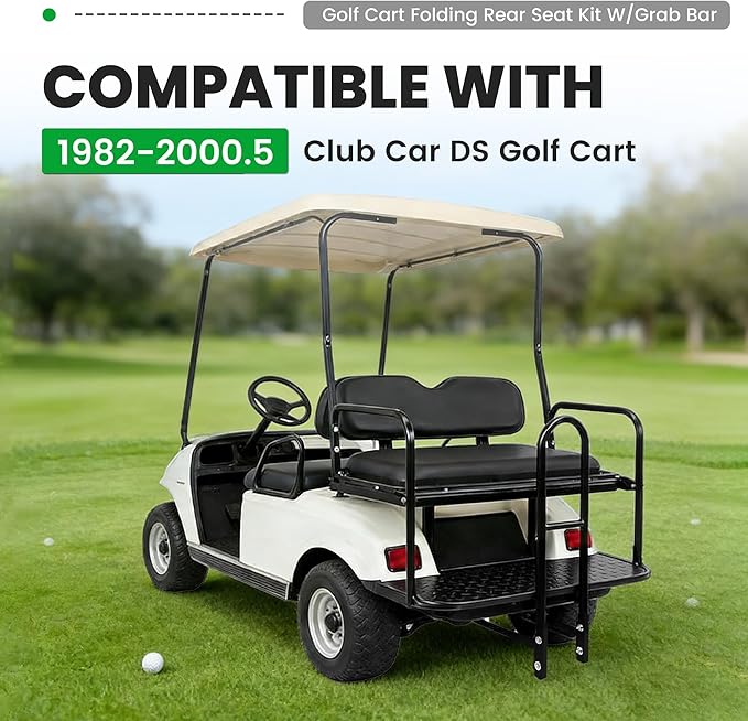ECOTRIC Golf Cart Folding Rear Seat Kit W/Grab Bar Compatible with Club Car DS (1982-2000.5) Models Back Flip Seat Black