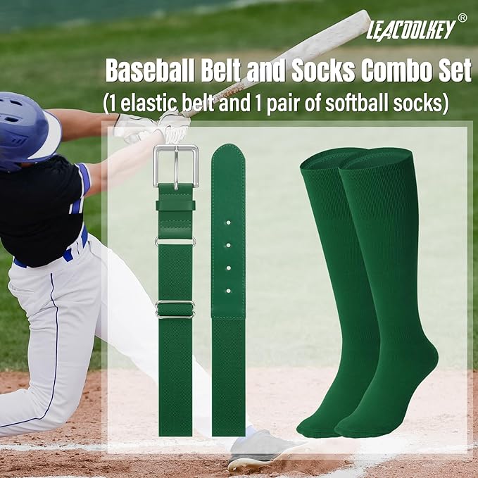 LEACOOLKEY Baseball Belt and Socks Combo Set Adjustable Softball Socks and Elastic Belt for Youth and Adult