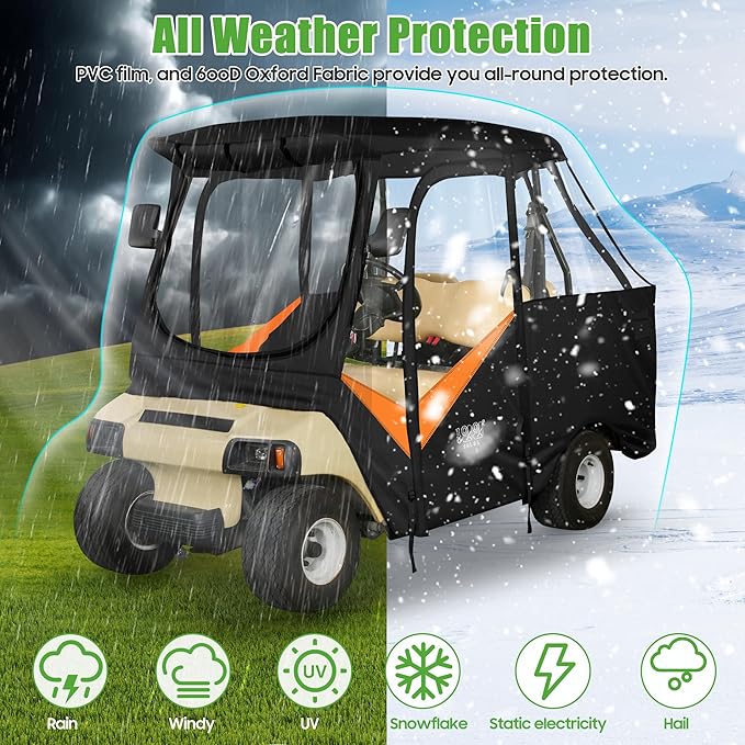 10L0L Golf Cart Driving Enclosure for Club Car DS, 2+2 Passenger Short Roof, Waterproof Windproof Heavy Duty 600D Rain Cover with 4-Sided Clear Windows & Durable Door Zipper, All-Weather Protection