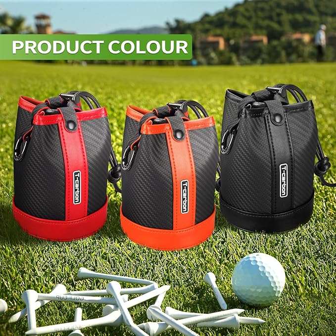 T-carbon Travel Gear Professional Valuables Golf Pouch;Bucket Waist Design Bag with Drawstrings;Carbon Fiber and Leather Golf Tee Bag for Glofers Men Women Very Practical Black