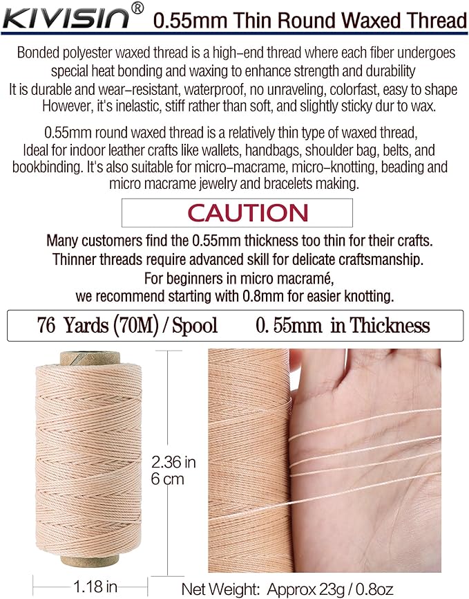 0.55mm Bonded Round Waxed Polyester Thread 76 Yards Each, 12 Rainbow Color Wax - Image 3