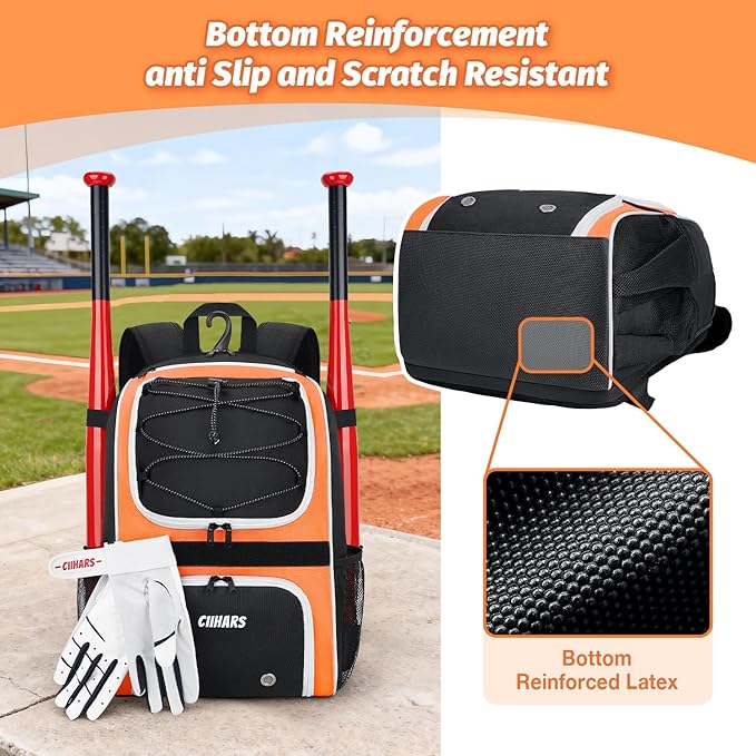 Youth Baseball Bag - Baseball Backpack Bat & Glove Holder, T-Ball & Softball Equipment & Gear,Large Main Compartment for Helmet & accessories, Fence Hook，Insulation Pocket