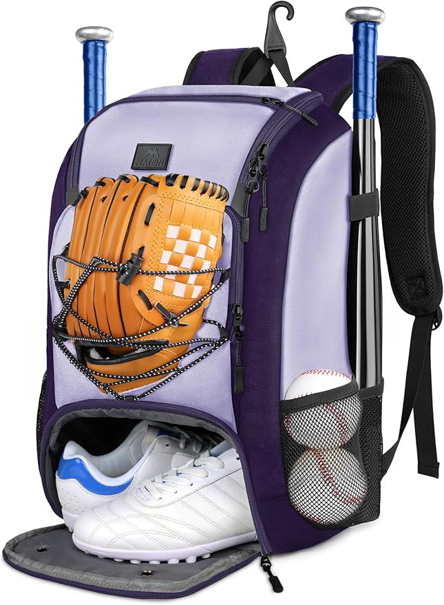 MATEIN Baseball Backpack, Softball Bat Bag with Shoes Compartment for Youth, Boys and Adult, Lightweight Baseball Bag with Fence Hook Hold TBall Bat, Batting Mitten, Helmet, Caps, Teeball Gear