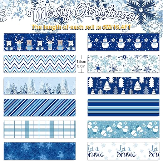 Whaline 12 Rolls Winter Washi Tape Blue White Snowflake Snowman Holiday Masking - Image 2