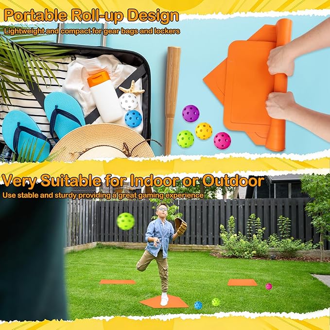 Mototo Rollable Baseball Base for Yard Practice Kit, 5 Baseball Home Plate Rubber Base with 6 Practice Soft Balls & Black Storage Bag, Throw Down Home Plate for Backyard, School Kickball, Tball