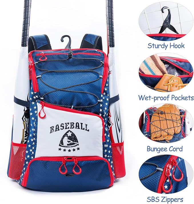 Baseball Bag for Youth & Adult with 4 Bat Sleeves - Softball Bat Bag with Shoe Compartment - Baseball Backpack for T-Ball, Softball Equipment, Baseball Gear, Baseball Bags for Boys 8-12