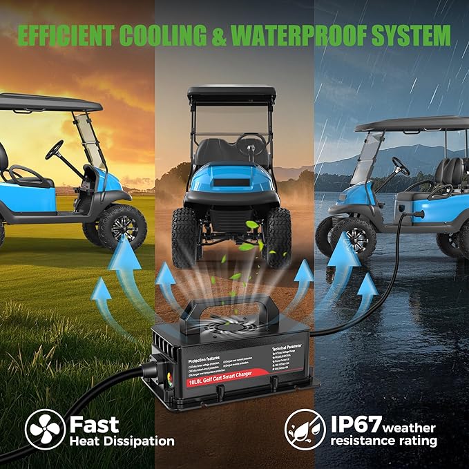 10L0L 48V Golf Cart Battery Charger for Club Car DS Precedent, 15Amp Smart Charger with 3-Pin Plug for Lead Acid Batteries, IP67 Waterproof, Auto Shut-Off