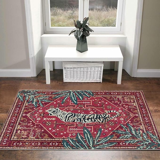 Vintage Tribal Faux Wool Red Boho Throw Rugs - Image 2