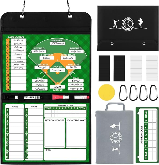 Magnetic Baseball Lineup Board, Collapsible Professional Softball & Baseball Lineup Board for Dugout, Baseball Clipboard for Coaches with 40 Magnetic Lineup Cards and High-End Markers (Leather Cover)