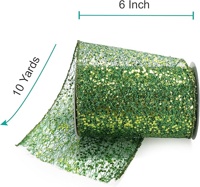 CT CRAFT LLC Sparkling Glitter Mesh Wired Ribbon 6" x 10 Yards Green - Image 2