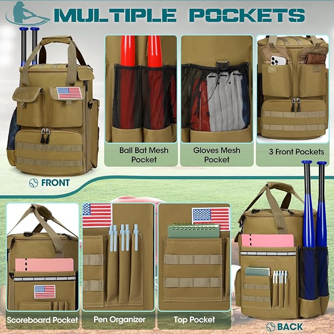 RAINSMORE Baseball Bucket Bag Baseball Coaches Accessories Organizer with Insulation Pocket Tactical Softball Bag with Anti-Slip Bottom, Multiple Pockets for Bat, Gloves, Scoreboards
