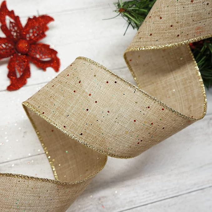 CT CRAFT LLC Tan Burlap Fabric Confetti Glitter Wired Ribbon 2.5" x 10 Yards - Image 5