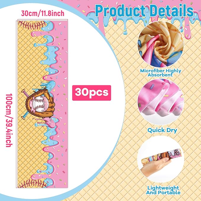 30Pcs Ice Cream Drip Baseball Cooling Towels for Neck and Face 40 x 12 Inch Sports Team Gifts Ice Towel for Gym Sweat Microfiber Breathable Chilly Bulk Neck Wraps for Athletes Camping Travel Outdoor