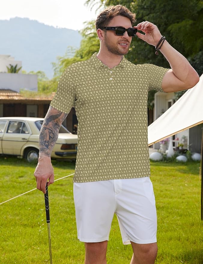 HUURAY Funny Golf Polos for Men Funny Print Short Sleeve Shirts Quick Dry Polo Shirts Hawaiian Shirt Performance Golf Outfits