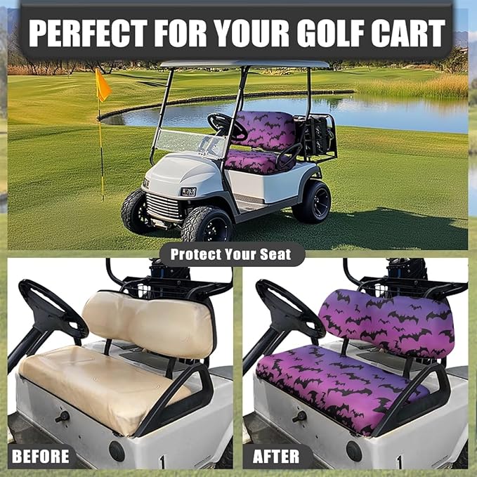 Yewatlles Purple Retro Halloween Bats Golf Cart Seat Cover Set Fashion Printed for Club Car Small Breathable Bench Seat Covers, Washable Polyester Cloth Without Logo