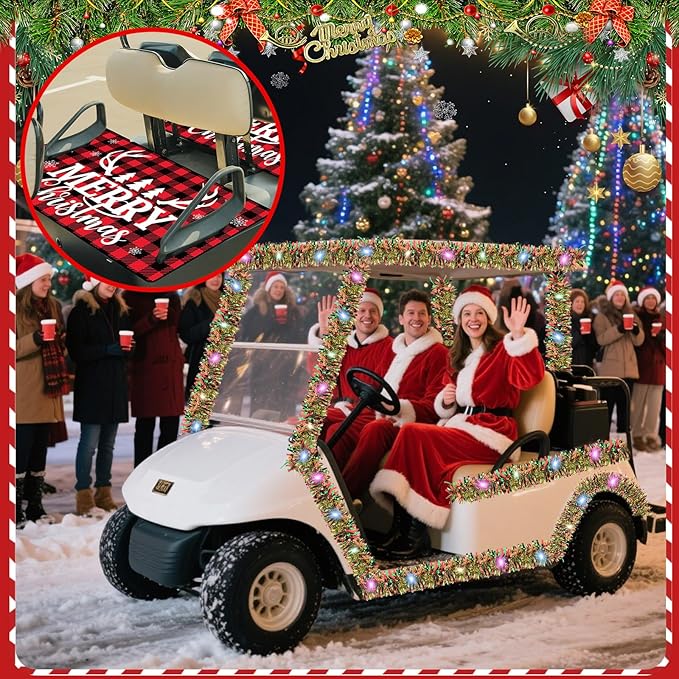 gisgfim Christmas Golf Cart Seat Covers 1 Pcs for 1 Person Seats 33ft Christmas Garland with LED Lights Red and Black Checkered Xmas Decorations Golf Cart Decorations Accessories, 51L x 31W Inches