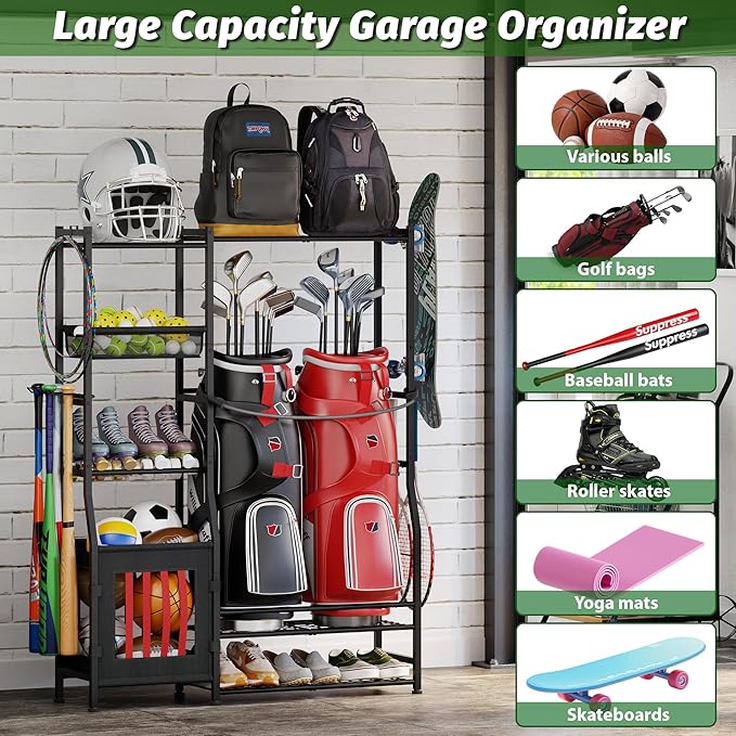 Sonyabecca Garage Sports Equipment Organizer, Golf Bag Storage Rack, Organizer for 2 Golf Bag, Indoor/Outdoor Ball Storage Bins for Toy Sports Gear Storage, Ideal for Home, Garage, Club, Basement