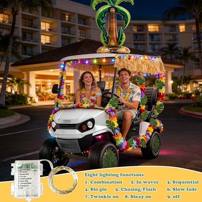 31 Pcs Luau Tropical Golf Cart Parade Decorations, Summer Tropical Golf Cart Decor with Tiki Fabric Backdrop,Hawaiian Grass Table Skirt, Hawaiian Wreath, 9.8FT LED Lights & Leaves