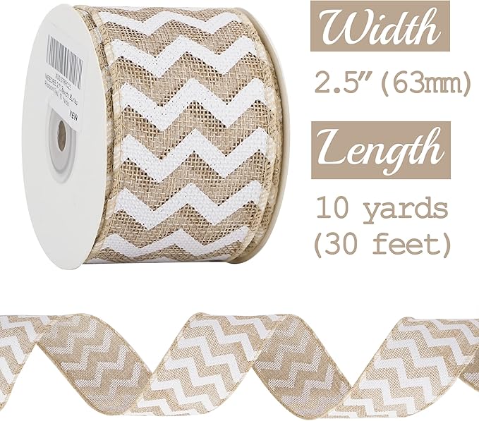 MEEDEE Burlap Ribbon with White Chevron Pattern - Image 2