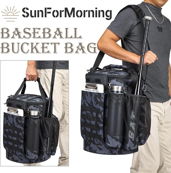 Baseball Bucket Bag Baseball Coaching Accessories Organizer Tactical Style Softball Bucket Bag with Anti-Slip Bottom, Multiple Pockets for Bat, Gloves, Scoreboards