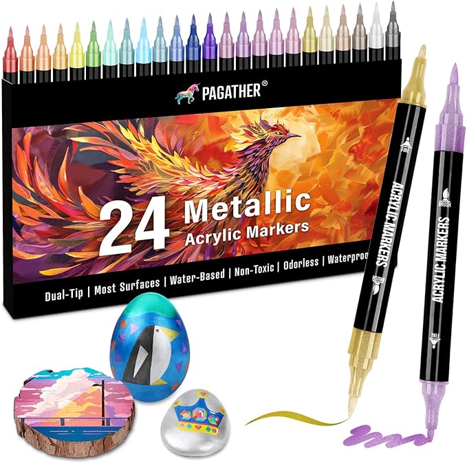 24 Metallic Colors Acrylic Paint Markers, Dual Tip by Pagather