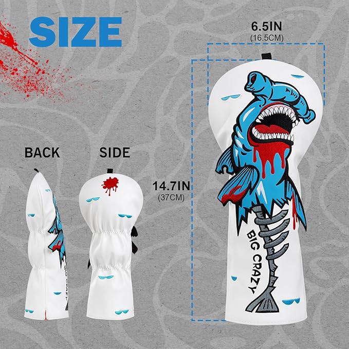 Big Crazy Golf Head Covers, Golf Club Covers Funny, Driver Headcovers, Golf Club Covers, Fairway Woods Head Covers, Hybrids Headcover, Putter Cover with Soft Lining for Golf Gift Hammerhead Sharks