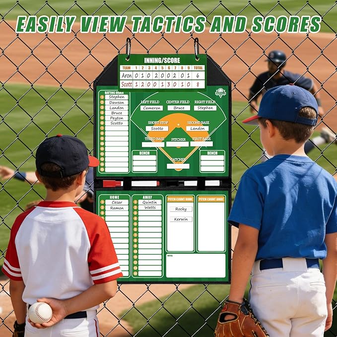 Magnetic Baseball Lineup Board for Dugout | Leather Cover, Foldable Coaching Board for Baseball & Softball with Carry Handle, Includes 40 Lineup Cards,Scoreboard, 2 Markers, Eraser, 4 Carabiners & Bag