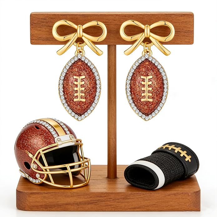 Rhinestone Bow Football Stud Earrings, Sparkly Sports Themed Dangle Earrings for Women, Cute Game Day Jewelry Gift