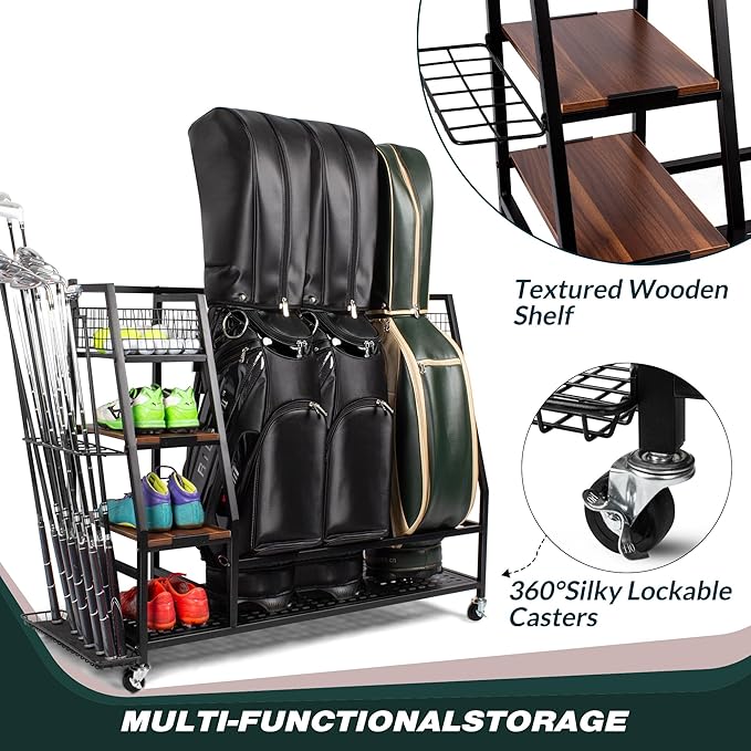 Sttoraboks Golf Bags Storage Garage Organizer, Golf Bag Rack Fits 2/3 Golf Bags and Golf Equipment Accessories, Golf Club Storage Stand with Wooden Shelf and Lockable Wheels for Garage Indoor Basement