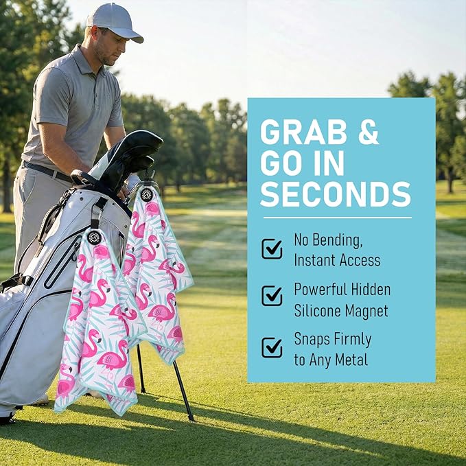Magnetic Golf Towel 16x24 Ultra Absorbent Waffle Microfiber, Strong Magnet for Cart Clubs, Spot-Clean Design Golf Accessories Gifts for Men(Pink-Flamingo)