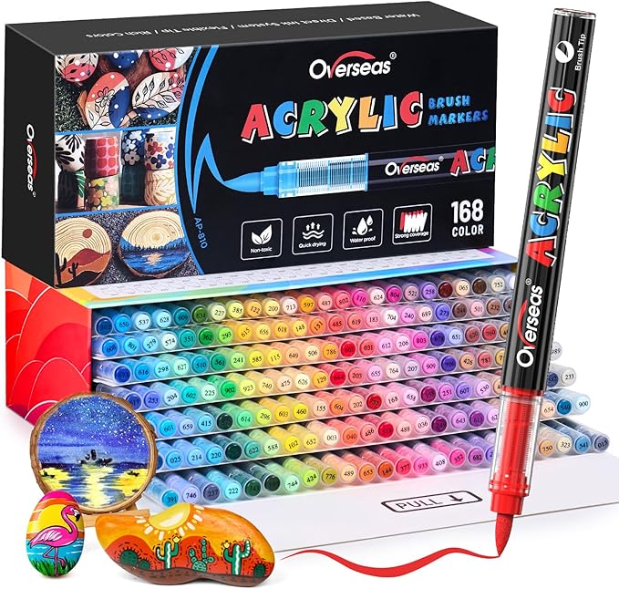 Overseas Acrylic Paint Markers 168 Colors, Brush Tip Paint Pens by Overseas