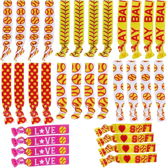 YKW 32 Pack Softball Headbands Hair Ties No Crease Elastic Softball Hair Accessories for Women Girls Players - Team Gifts Party Favors Red Yellow Ribbon Ponytail Holders