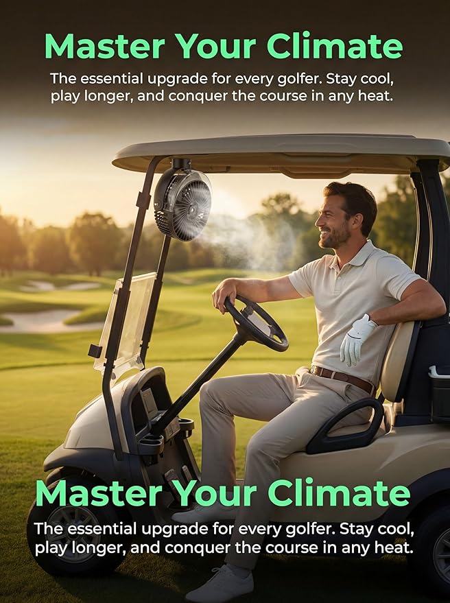 Magnetic Golf Cart Misting Fan with Heavy-Duty Strap, 12000mAH Battery Operated Portable Fan with 4 Speeds, LED, Timer, Suitable for EZGO Club Car Yamaha, Golf Cart & Camping Accessories 2026