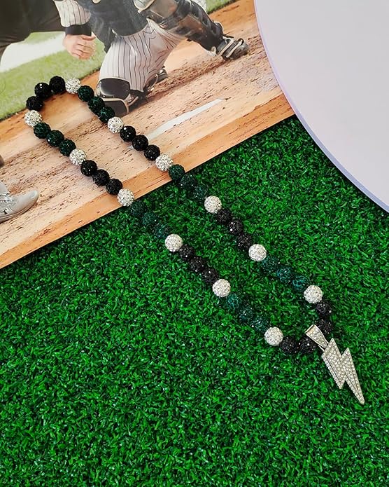 Baseball Necklace for Men 16/18/20 Inch Bling Ice Collection Lightning Bolt Pendant Necklace for Women Rhinestone Clay Beaded Discoball Accessories Gifts for Baseball Team Players Lovers
